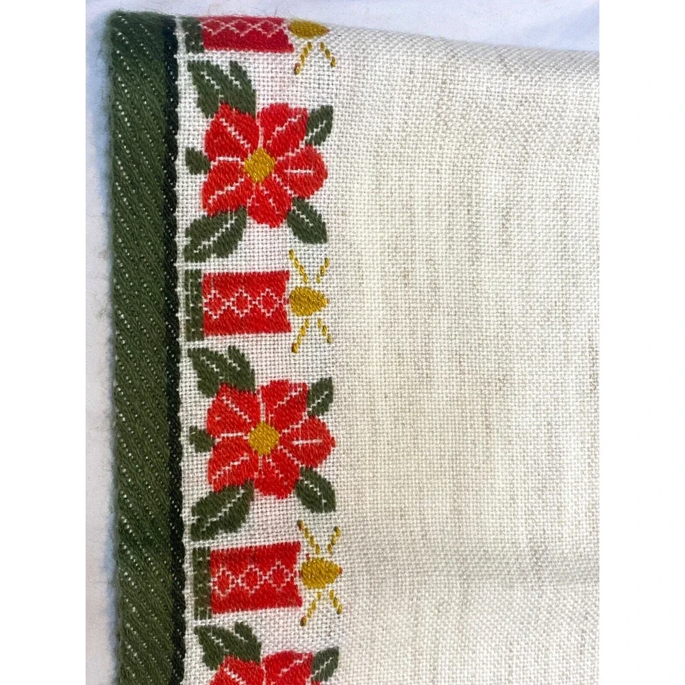 Vtg Woven German Style Table Runner Xmas Poinsettia Candles Fringes 15x19.5